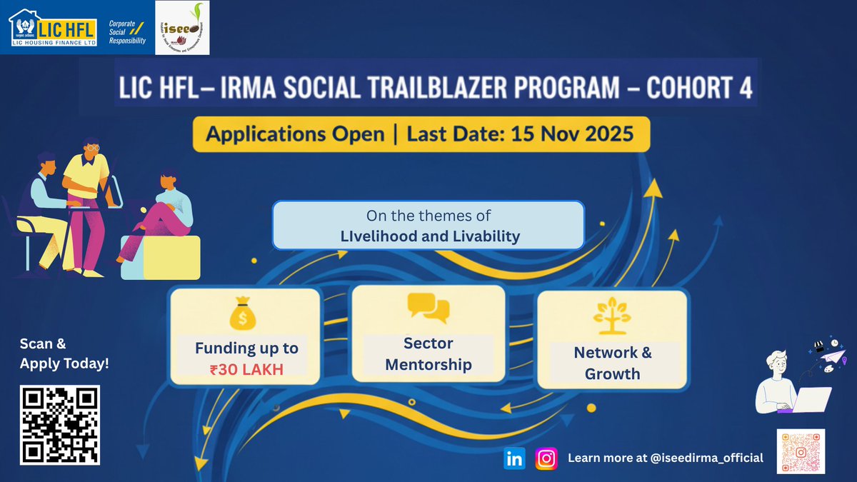 IRMA ISEED Foundation, with support from LIC Housing Finance Ltd,launched Cohort 4, an incubation initiative for Livelihood and Livability.

💰Startups can receive:
🌐Funding up to ₹30 Lakh
Expert mentorship and networking opportunities

 Apply here: irmaiseed.accubate.app/ext/form/13196…
