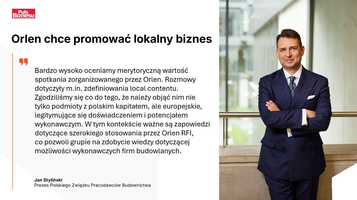 _PZPB's tweet image. 🏗️ &quot;Liczy się rynek, a nie cena&quot; podkreśla @Styl_Jan, Prezes @_PZPB w rozmowie z @puls_biznesu  z kontekście uwzględniania przez @GrupaORLEN  w postępowaniach przetargowych #LocalContent 👇

💬 Jak zauważył: - Repolonizacji zamówień nie możemy wprowadzać jednak za wszelką cenę.…