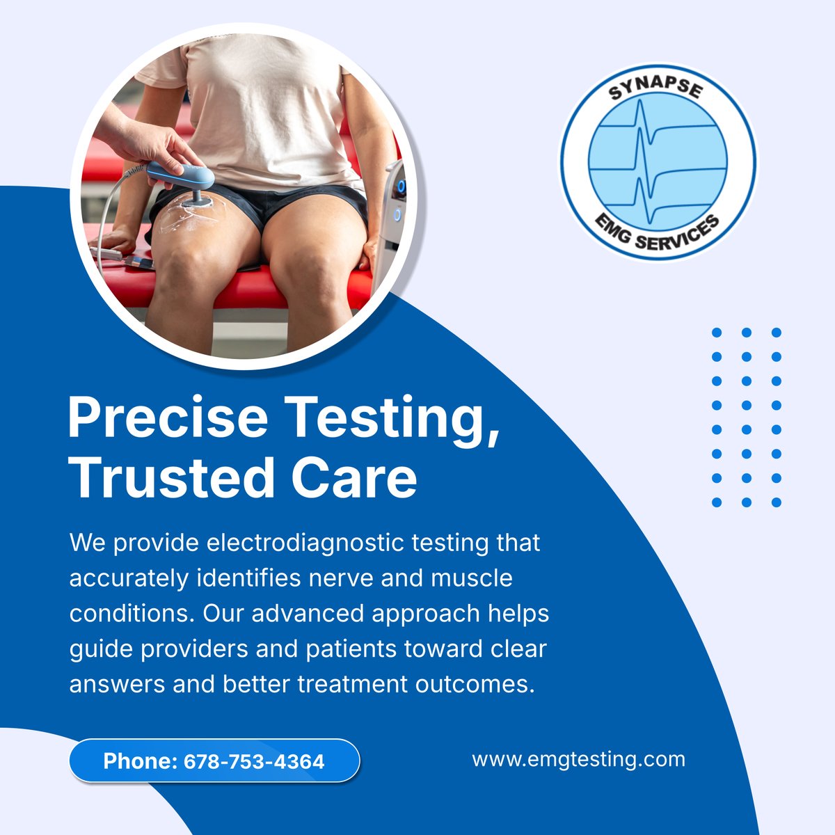 synapseemgsrvcs's tweet image. Accuracy matters when it comes to your health. 🧠⚡ We deliver detailed electrodiagnostic testing designed to provide clear insights for providers and patients.

#EMGTesting #SnellvilleEMG #AtlantaEMG #BufordEMG #NewnanEMG #Electrodiagnostics #NerveHealth #AccurateResults