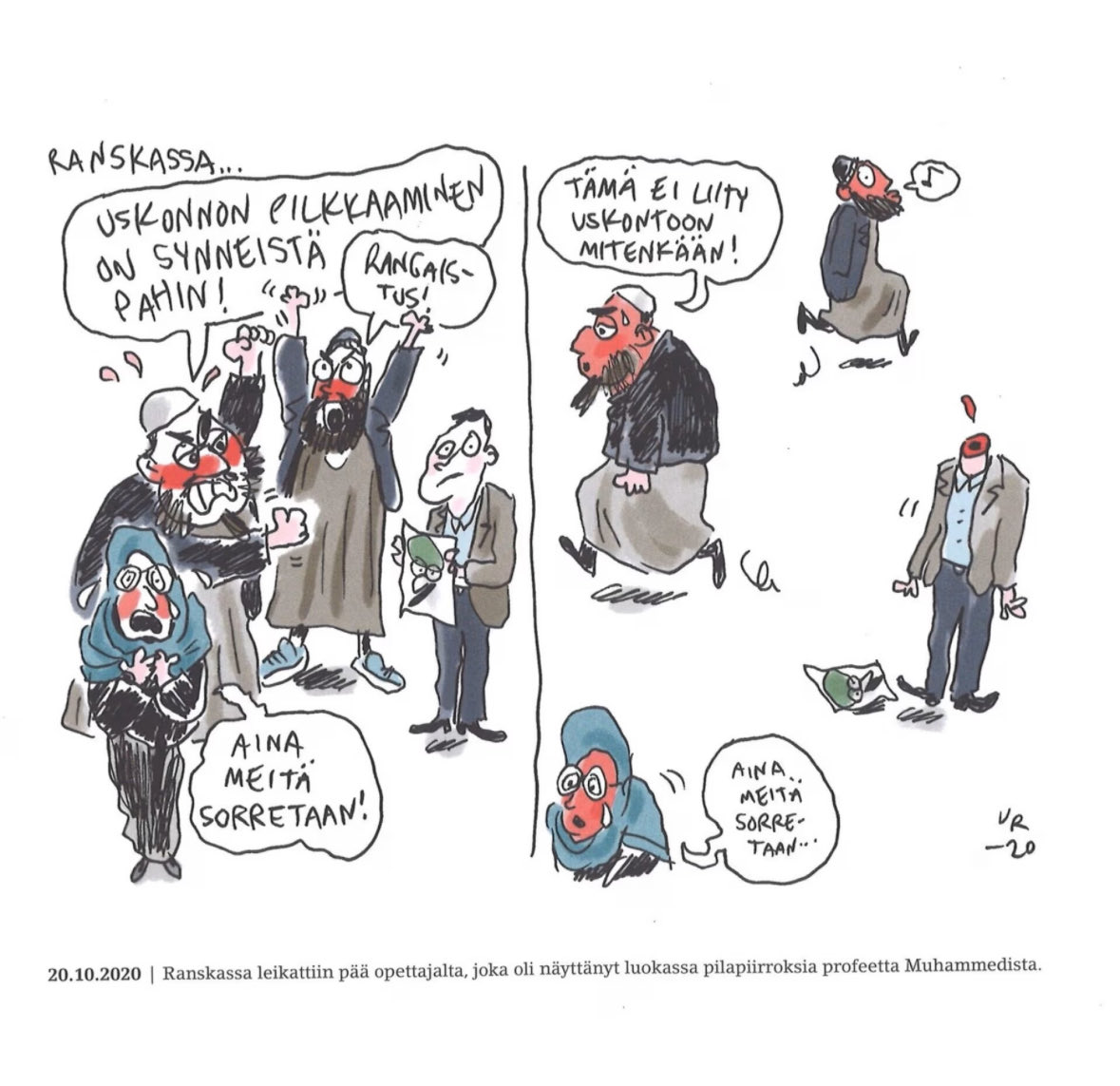 Sananvapauden voitto! Pilapiirtäjä Ville Rantaa epäiltiin tämän kuvan takia kiihottamisesta kansanryhmää vastaan. Tänään uutisoitiin, että syyttäjä on päättänyt olla nostamatta syytettä.

Hieno päivä länsimaiselle sananvapaudelle! 💪🏼