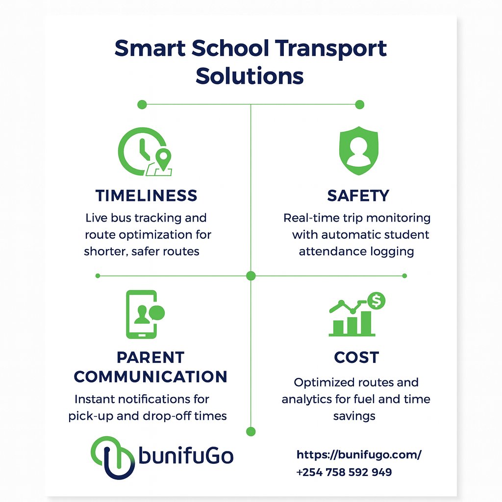 What is your biggest school transport challenge? 

Timeliness ,Safety, Parent Communication or Cost?

<a href="/BunifuGO/">Bunifu Go</a> fixes them all:
 ✓Track buses live &amp; optimize routes
 ✓Auto student attendance logs
 ✓Real-time parent alerts
 ✓Fuel/time savings via smart data

#SchoolTransport