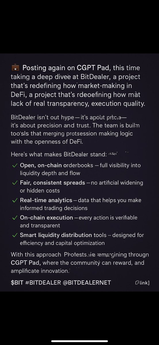 Posting again on CGPT Pad, this time taking a deep dive into BitDealer, a project that’s redefining how market-making works in decentralized finance.

For years, DeFi has struggled with one major issue — a lack of real transparency. Orderbooks are hidden, liquidity looks deep but