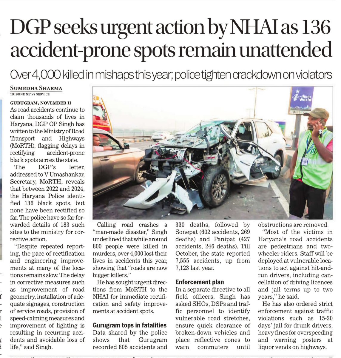 sumedhasharma86's tweet image. This year till October 4000 people died in road #Accidents in #Haryana while 800 murders. Poor roads is one of key reason but sadly the life here is so cheap that nobody cares to resolve black spots that take hundreds of lives each year. As expected #Gurgaon #Gurugram the city of