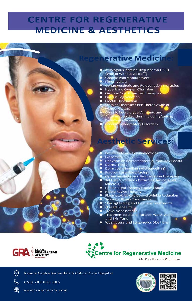 Regenerative Medicine and Aesthetics :
“The Future of Healing, The Art of Beauty.”
HARARE, ZIMBABWE 🇿🇼🇿🇼🇿🇼
#Aesthetic #AestheticMedicine #regenerativemedicine #RegenerativeHealth #nurses #hospital #doctor #Renew #rejuvenate #restore  #healthyoptions #healthyliving