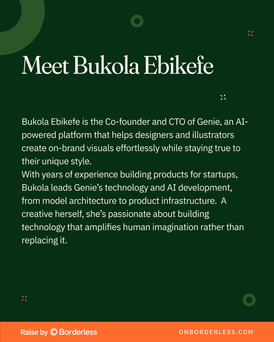 onBorderless's tweet photo. Meet @_tokoni_, Co-founder/CTO of @geniestudioapp, building the AI powering on-brand visuals at scale. 

Come learn about her journey &amp; see how Genie helps brands stay on brand consistently through AI.

Nov 18 | 5PM WAT | Moderated by @NubiKay 

RSVP now- https://t.co/79MvCGtwSN https://t.co/l47rAGV28n
