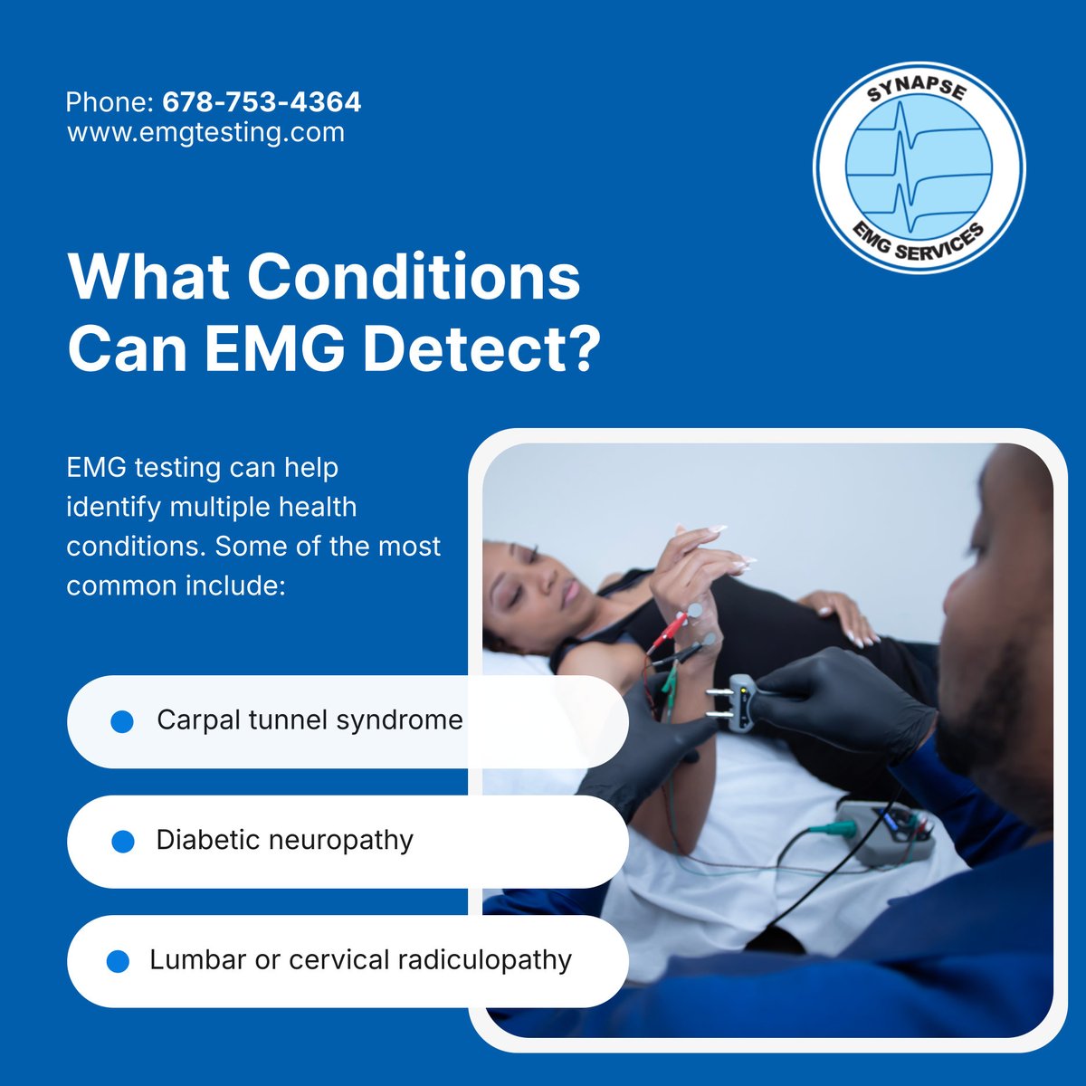 synapseemgsrvcs's tweet image. EMG testing supports diagnosis for conditions ranging from carpal tunnel to diabetic neuropathy. 🧠 ⚡ If you’ve struggled with nerve or muscle symptoms, EMG may help uncover the cause. 🩺

#EMGTesting   #SnellvilleEMG #AtlantaEMG #BufordEMG #NewnanEMG #Electrodiagnostics