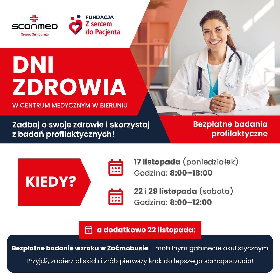 AHP_PAKS's tweet image. Dni zdrowia w Centrum Medycznym w Bieruniu! 
Zadbaj o siebie i swoich bliskich – skorzystaj z bezpłatnych badań profilaktycznych
Kiedy?
17 listopada – godz. 8:00–18:00
22 i 29 listopada – godz. 8:00–12:00
Dodatkowo – 22 listopada
Badanie wzroku w mobilnym gabinecie okulistycznym!