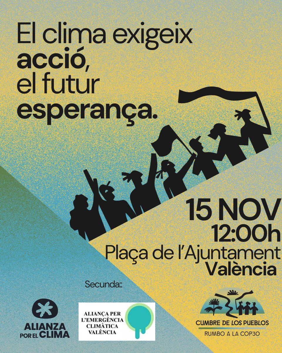UGTPV's tweet photo. 📢 Mobilitzacions per l'emergència climàtica coincidint amb la COP30

#UGTPV ens unim al moviment global que exigeix un canvi urgent de rumb basat en la justícia i la solidaritat per a totes les persones i territoris.

✊ Perquè el clima exigeix acció, el futur esperança! https://t.co/ABYmb8kwdq
