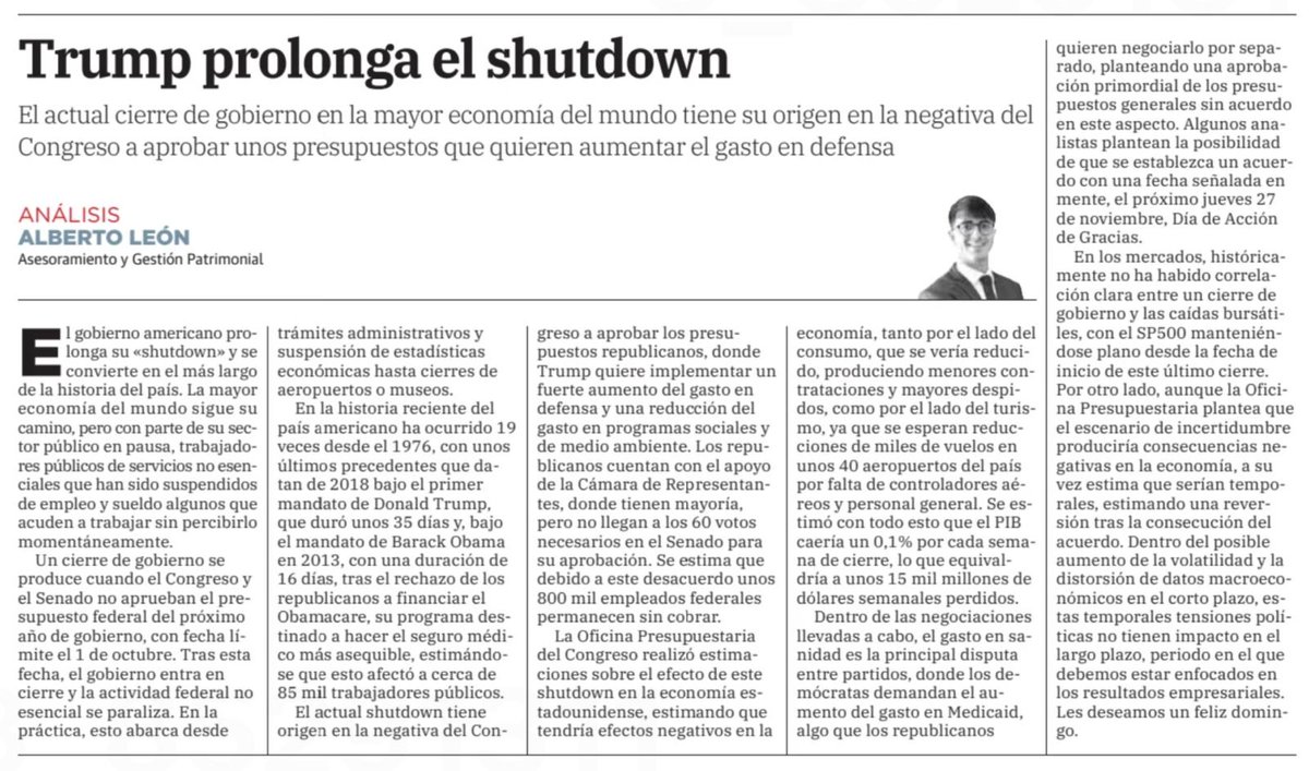 CrossCapital's tweet image. ✍️ «𝗧𝗿𝘂𝗺𝗽 𝗽𝗿𝗼𝗹𝗼𝗻𝗴𝗮 𝗲𝗹 𝘀𝗵𝘂𝘁𝗱𝗼𝘄𝗻», aportación de nuestro compañero @albertolp24 , quien explica en qué consiste el cierre de la administración norteamericana y sus efectos, así como los avances para desbloquear la situación. Para nuestra última contribución…