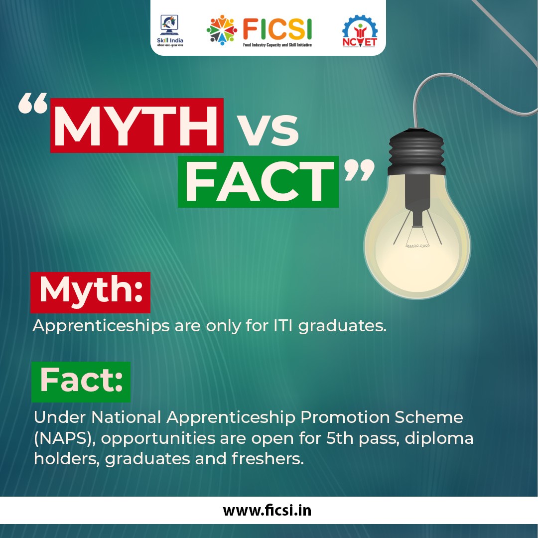 💡 MYTH vs FACT 💡
Myth: Apprenticeships are only for ITI graduates.
Fact: Under #NAPS, even 5th pass, diploma holders, graduates &amp; freshers can apply!
Start your skill journey today &amp; build a career that grows with you. 
👉 Register now: apprenticeshipindia.gov.in

<a href="/MSDESkillIndia/">Skill India</a>