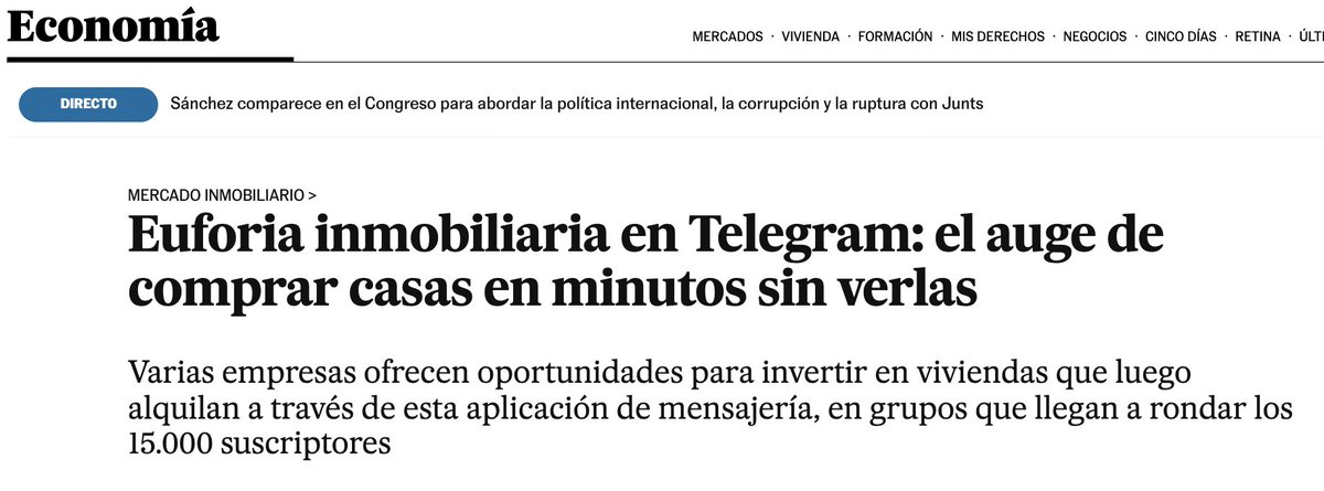 Están comprando pisos por Telegram en barrios obreros.

No ven el piso. Solo les dicen cuanto vale y la rentabildiad al alquilarlo.

Esto pasa en una economía organizada para favorecer el rentismo y la subida de precios. Pero se puede cambiar con otra regulación.