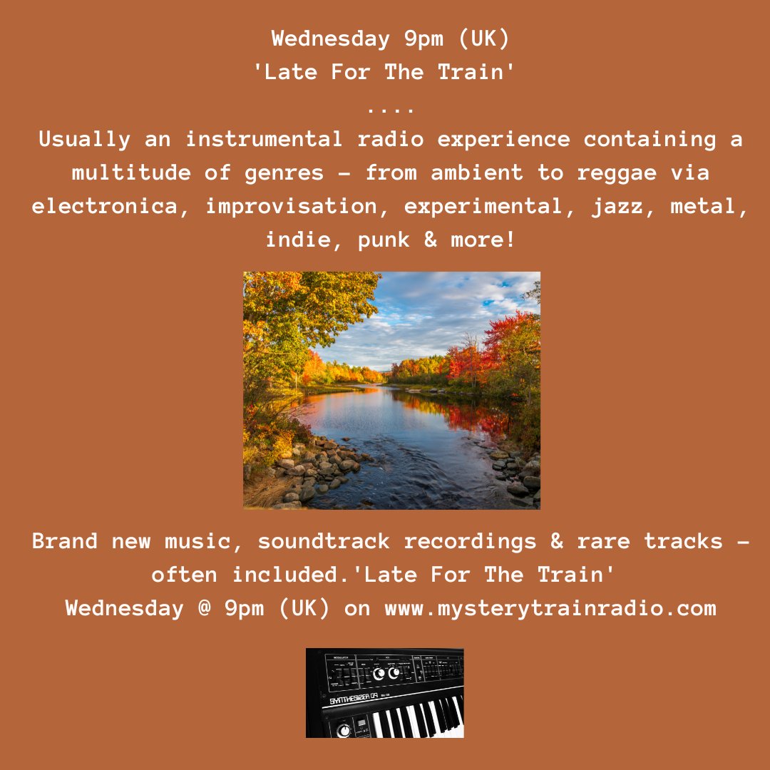 MTrainRadio's tweet image. 🚆 Late For The Train — 9PM (UK) Wednesdays!
Join Dave Battersby, producer #MikeWard &amp;amp; Kev Fox for an instrumental journey through classical, jazz, ambient, electronic &amp;amp; more.
This week: #Tortoise, #TheUtopiaStrong, #TheShadows + more!
🎧 mysterytrainradio.com / TuneIn