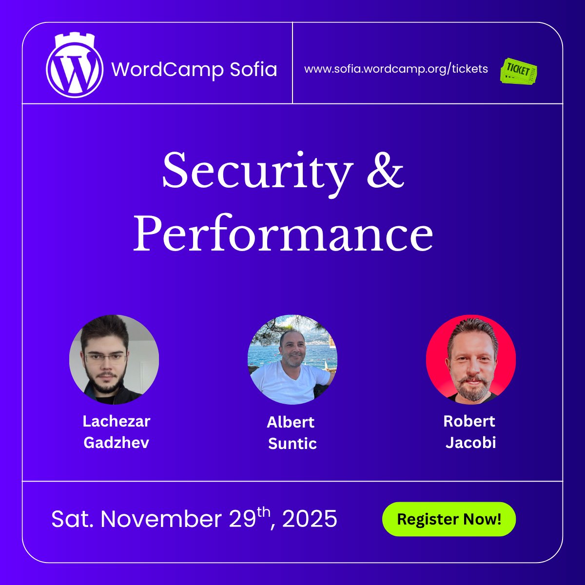 WordCampSofia's tweet photo. We are excited to announce our next batch of speakers for WordCamp Sofia 2025! 
Security &amp; Performance: Building a Faster, Safer WordPress. 
Special guests @RobertJacobi and @AlbertSuntic https://t.co/Hd8etXvujD