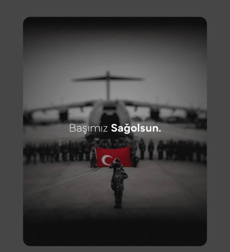 Uçak kazasında şehit olan Kahraman Askerlerimize Allah'tan rahmet; ailelerine, silah arkadaşlarına ve milletimize sabır diliyoruz. 
Mekanları cennet olsun 🇹🇷