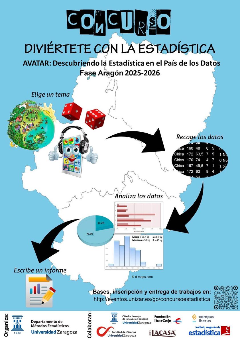 Nuestros amigos de <a href="/estadisticadiv1/">estadisticadivertida</a> han puesto en marcha el Concurso "Diviértete con la Estadística" Fase Aragón 2026, enmarcado dentro del proyecto AVATAR: Descubriendo la Estadística en el País de los Datos. Toda la info en
eventos.unizar.es/143679/detail/…