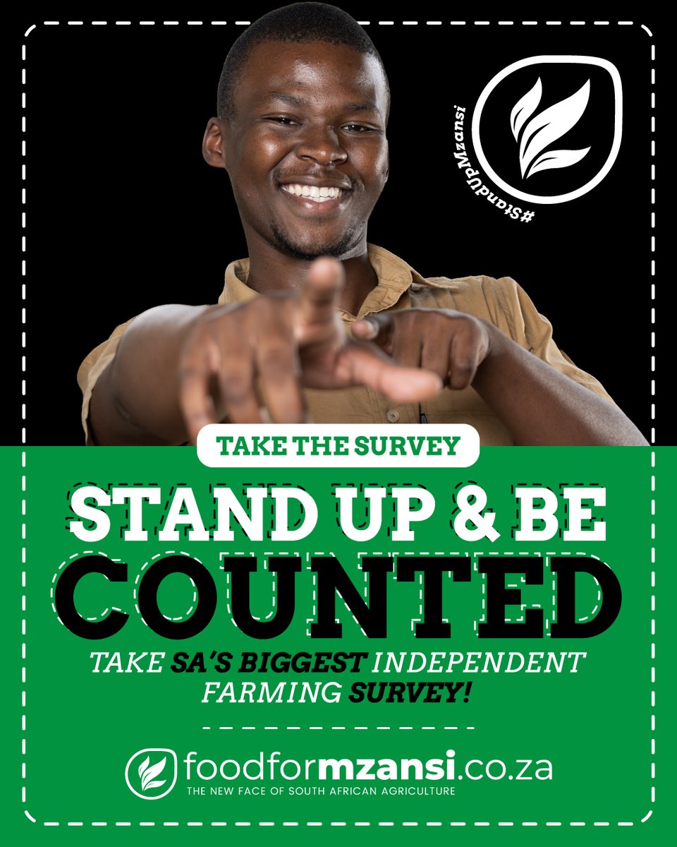 Take part in South Africa’s biggest independent agricultural survey and make your voice heard. 

📢 Stand up. Be seen. Be counted.

 🔗 foodformzansi.co.za/standup/x/

 #StandUpMzansi #YourVoiceYourValue #FoodForMzansi
