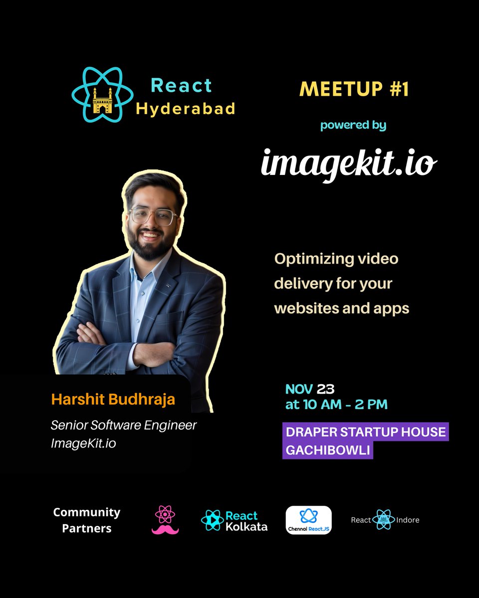 React_Hyderabad's tweet image. Speaker reveal #1

Excited to announce that @harshitbudhraja from @ImagekitIo as our speaker at @React_Hyderabad &apos;s FIRST EVER In-person meetup.

Seats are limited. RSVP now  - luma.com/qc27d0u3

#ReactHyderabad #ImageKit #Community