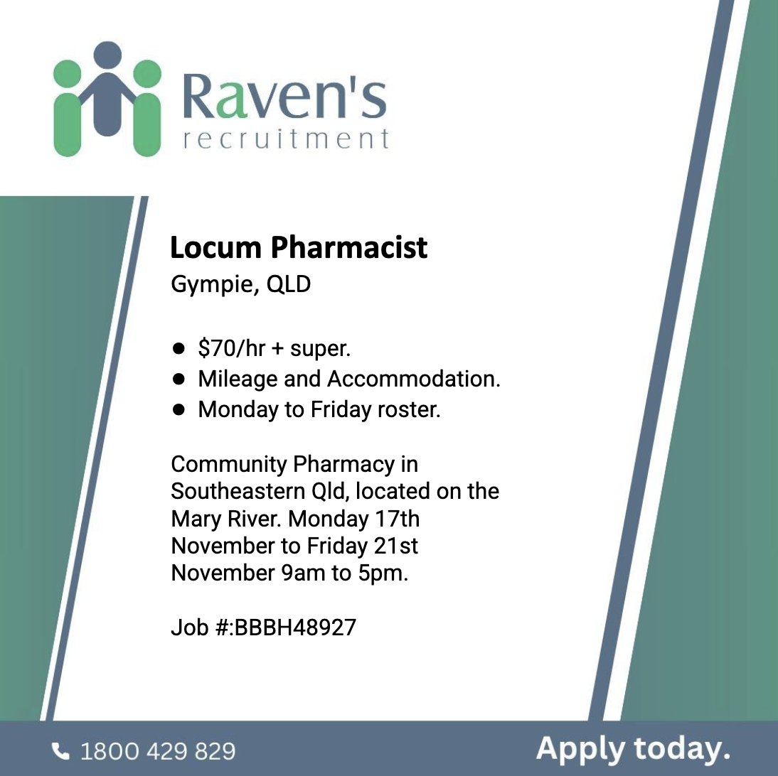 View and Apply: ravensrecruitment.com.au/job/locum-phar…
Phone: 1800 429 829 or +61 7 5509 5800
.
#communitypharmacy #pharmacy #pharmacist #recruitment #pharmacyjobs