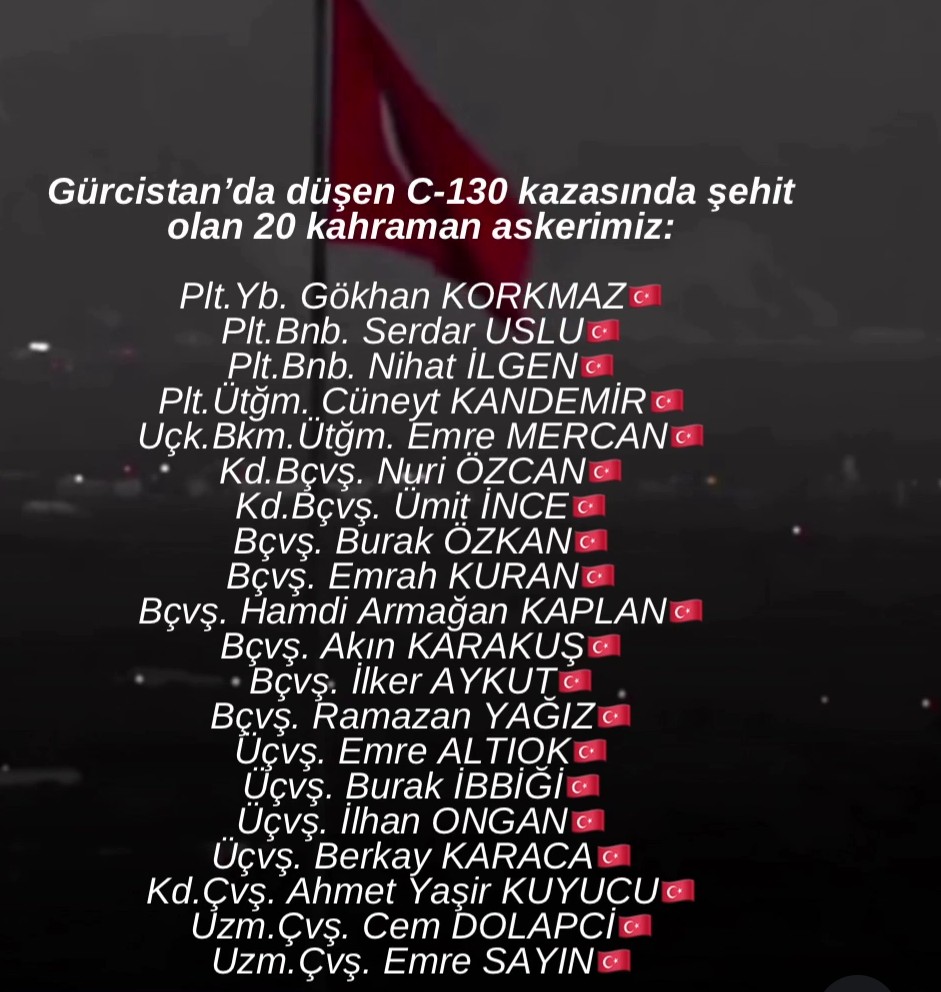 #şehidinvartürkiye

Allahu Teala, rahmet eylesin.
Makamları  Cennet,
Peygamber Efendimiz'e komşu olsunlar.
Bu olayın kaza olmadığı,  uçağın havada isabet aldığı kesin görünüyor. Devletimiz  en yakın zamanda nedenini  açıklayacaktır 
Geride kalanlara Rabbim sabır versin.