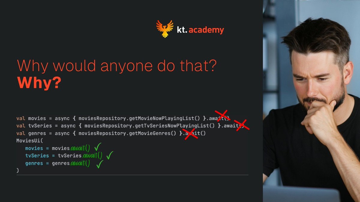 marcinmoskala's tweet image. I just hate when people do async {}.await(). This makes no sense whatsoever. Why start something asynchronously if you await it immediately? You should separate asyncs from await.