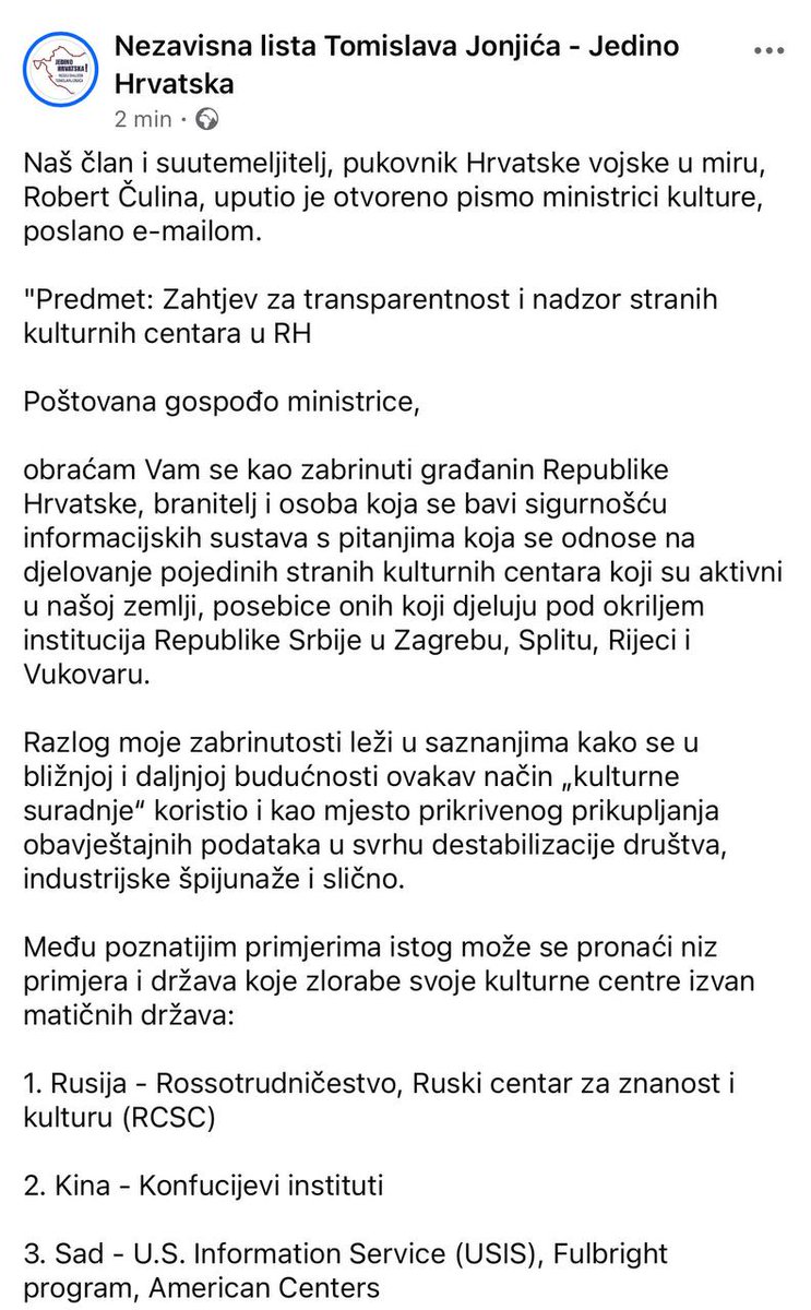 Jedino_Hrvatska's tweet photo. Naš član i suutemeljitelj, pukovnik Hrvatske vojske u miru, Robert Čulina, uputio je otvoreno pismo ministrici kulture, poslano e-mailom.

Predmet: Zahtjev za transparentnost i nadzor stranih kulturnih centara u RH👇

#hrvatska #jedinohrvatska #tomislavjonjic #jonjic https://t.co/rUhcoZ818K