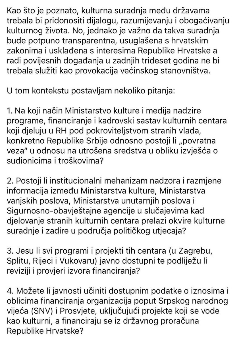 Jedino_Hrvatska's tweet photo. Naš član i suutemeljitelj, pukovnik Hrvatske vojske u miru, Robert Čulina, uputio je otvoreno pismo ministrici kulture, poslano e-mailom.

Predmet: Zahtjev za transparentnost i nadzor stranih kulturnih centara u RH👇

#hrvatska #jedinohrvatska #tomislavjonjic #jonjic https://t.co/rUhcoZ818K