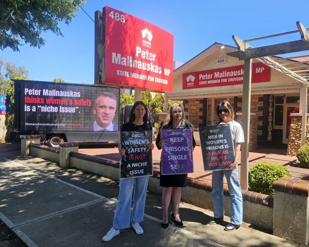 South Australian Premier <a href="/PMalinauskasMP/">Peter Malinauskas</a> dismissed the safety of female inmates who have been terrorised by a violent male offender claiming to be a woman as a “niche issue”.

Today we paid a visit to his office 😏

<a href="/WomensForumAust/">WomensForumAustralia</a> <a href="/stephbastiaan/">Stephanie Bastiaan</a> <a href="/salltweets/">Sall Grover</a> #GetThemOut #SAparli