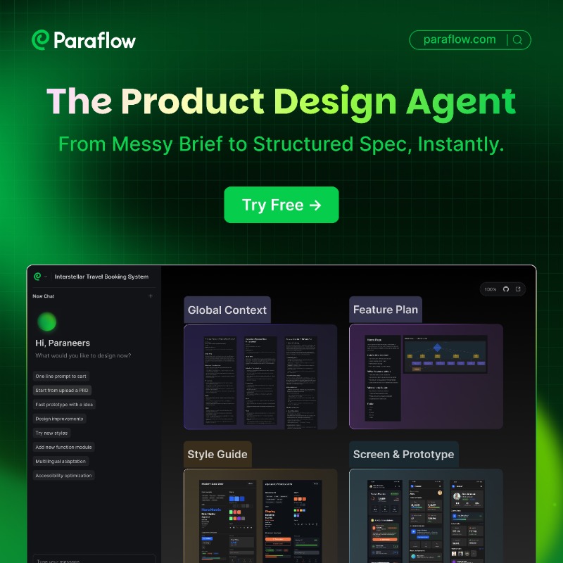 ParaflowAI's tweet photo. Stop wrestling. Paraflow turns vague requests into client-proof Specs — Effortlessly.

→ Define: PRD + User flow, with PM logic
→ Design: Editable UI &amp; Prototype, with Designer taste
→ Develop: Sync front-end code directly

Try Free ⚡