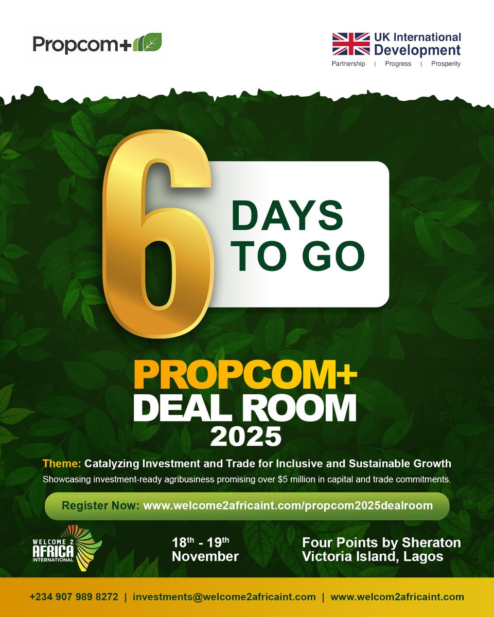 welcome2africa's tweet image. 6 Days to Go!
In just a few days, leading investors and stakeholders will gather to unlock over £5 million in capital and trade commitments across Nigeria’s agrifood sector.

Date: 18–19 November 2025
Location: Lagos, Nigeria
🔗Register here: welcome2africaint.com/propcom2025dea…

@Propcomplus
