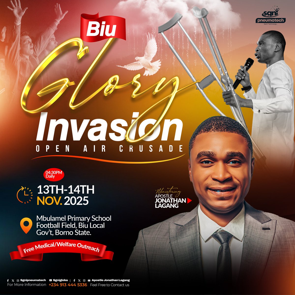 ApostleLagang's tweet photo. The countdown is over!🔥

Biu Glory Invasion Open Air Crusade begins tomorrow right here in Biu! Get ready to be filled with power, healing, and undeniable encounters with the Holy Spirit!

Morning Session (8:00 AM):
We begin with a free medical and welfare outreach,... https://t.co/KirwSlRl9Y