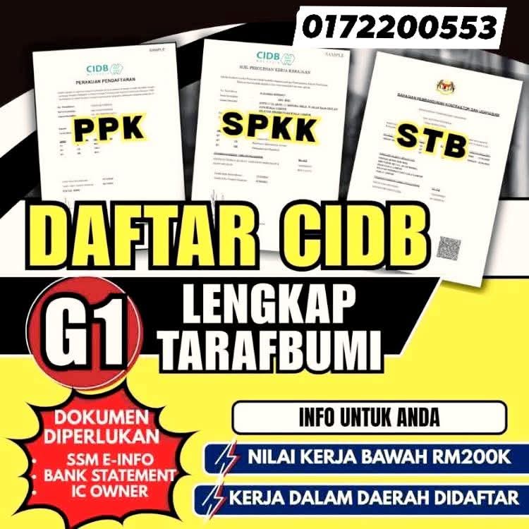 JOM DAFTAR LESEN CIDB G1 COMPLETE‼️

Ingin berdaftar tender dan tidak melebihi RM200k ❓
INFO G1 COMPLETE ‼️
✅Kawasan kerja di daerah yang didaftarkan
✅Tender SWASTA dan GOVERNMENT
Nak kami bantu❓
cepat wassap no dibawah‼️
kami akan terangkan lebih detail
☎️0172200553