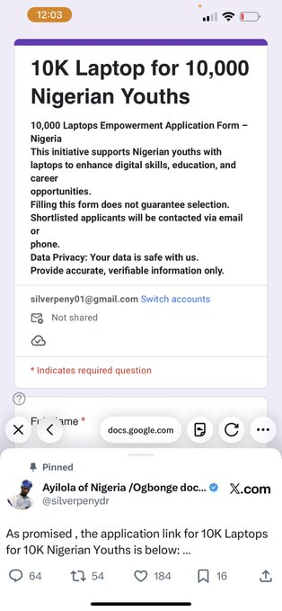 Iamkolotayo's tweet image. PROGRESS REPORT 🚨🚨🚨

What have we done so far #10kLaptopsProject.

✅ We have received over 20k Applications
✅ We scheduled screening for 13 People, 10 Showed up and 5 were selected (Testing the waters i believe)
✅ We have disbursed 1.3m to @Val_Gadget for 5 Dell Laptops and…
