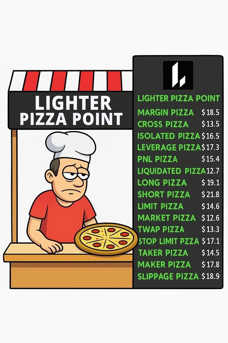 When I get liquidated everything on <a href="/Lighter_xyz/">Lighter</a> I'll open a pizza shop🍕

Welcome to Lighter Pizza Point -
where every slice comes with leverage, slippage, and trauma 😂

Try our specials:
💀 Liquidated Pizza
📈 Margin Pizza
☠️ Cross Pizza 
🔥 100x Leverage Pizza

  #LighterDEX