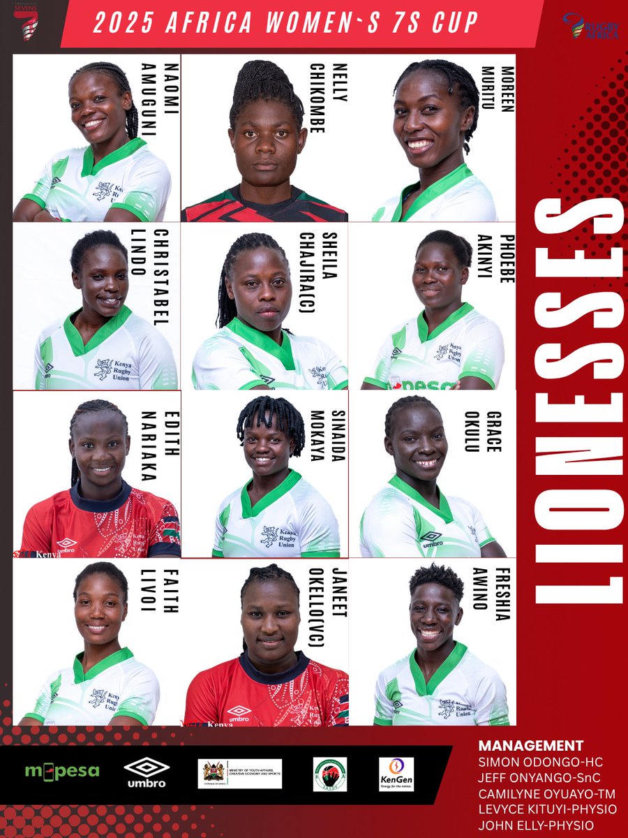 OfficialKRU's tweet image. The Kenya Lionesses  who will be on duty for the 2025 Africa women&apos;s 7s cup. #HomegroundHomeGlory!!

Grab your tickets and come cheer the Lionesses!!!

📍- RFUEA Grounds
🎫 - tikohub.com/events/356
🗓️ - 15th - 16th November 

#Lionesses #MpesaPowersKenya7s #SafaricomRugby