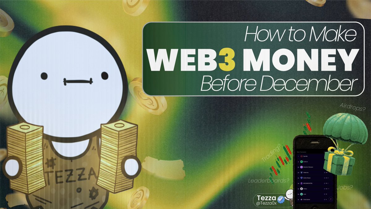Tezza0x's tweet image. This year has flown by fast! 
We’ve seen projects come and go. 

Some of us have earned from them; others haven’t made a single dime from Web3 since JANUARY!

But all hope’s not lost. 
Even though most of the year is gone, you still have a few weeks to lock in before Christmas…