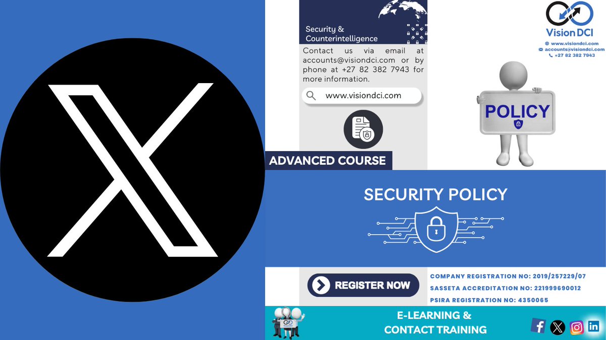 VisionDCI's tweet image. 🖥️💻

More Information: accounts@visiondci.com

#SecurityPolicy #policy #SecurityManagers #SouthAfrica #government #managers #VisionDCI #education #security #intelligence #elearning #ContactTraining #onlinelearning #training #courses #services #skillsprogrammes #SASSETA #PSIRA