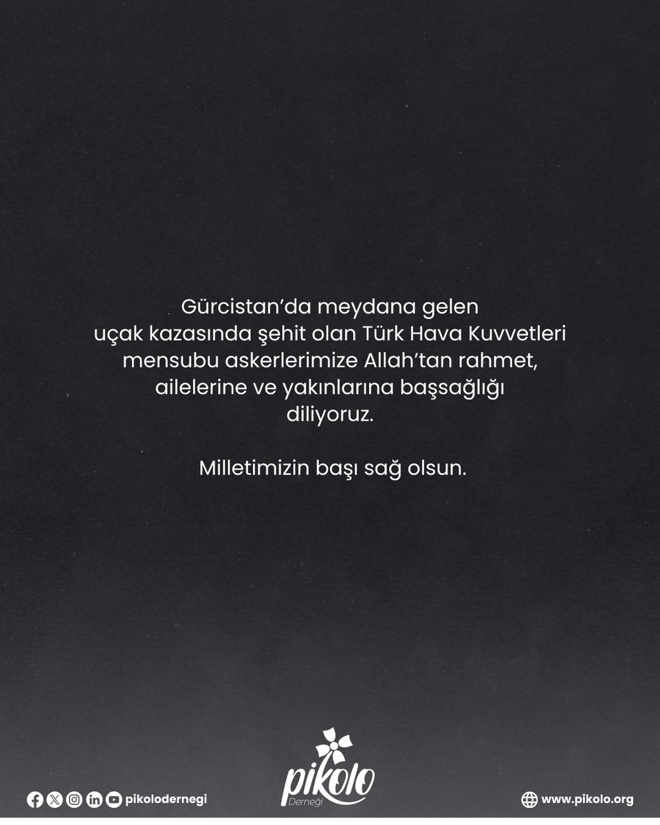 pikolodernegi's tweet image. Gürcistan’da meydana gelen uçak kazasında şehit olan Türk Hava Kuvvetleri mensubu askerlerimize Allah’tan rahmet, ailelerine ve yakınlarına başsağlığı diliyoruz.

Milletimizin başı sağ olsun.