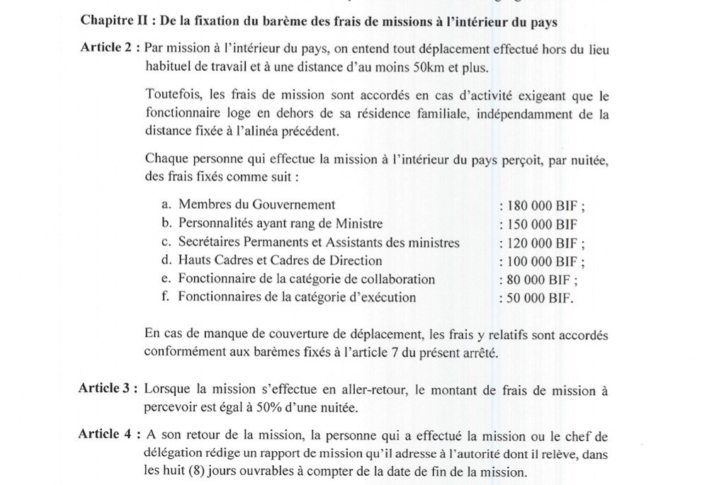 IrisNews_'s tweet photo. 🔴Le @BurundiGov  vient de réviser les frais de mission des agents publics.

Selon l’arrêté ministériel signé le 11 novembre 2025 par le Premier ministre, un ministre percevra désormais 180 000 FBu par nuitée. Pour une mission aller-retour dans la même journée, le montant sera réduit de moitié.

✍️ Le texte fixe également les nouveaux barèmes applicables aux autres catégories de fonctionnaires, afin d’harmoniser les indemnités liées aux déplacements officiels.

#Burundi