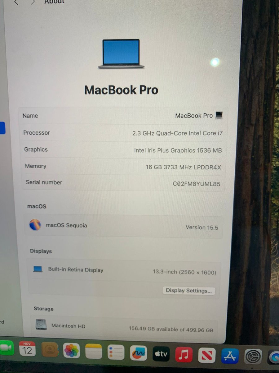AbouNoorayn's tweet image. MacBook Pro (2020) for Sale!

- Apple M1 chip (Quad-Core)
- 16 GB 3733 MHz LPDDR4X memory
- 13.3-inch Retina Display (2560 x 1600)
- 500GB SSD storage (156.49 GB available)
- macOS Sequoia Version 15.5
- Serial number: C02FM8YUML85

Price:
- 11,000 Rand
- OR 2,600,000 Kwacha