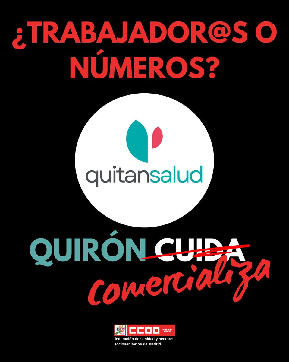 🏥 En los hospitales <a href="/quironsalud/">quirónsalud</a> 🤔Quienes piensas que te cuidan⁉️

👩‍❤️‍👨🏩En estos hospitales el cuidado de tu salud 🤒 y la calidad asistencial es directamente proporcional a la calidad de las relaciones y condiciones laborales de sus profesionales 👩‍⚕️👨‍⚕️🥼
#CCOO denuncia las malas