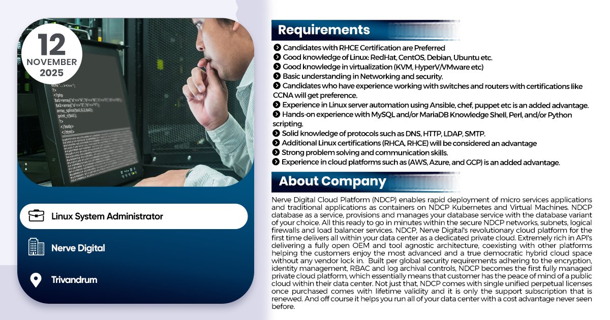 linuxgroup's tweet image. Linux System Administrator Job #1networksupportengineer #Jobsearch #JobAlert #jobvacancy #ipsrjobs #jobs2025 #ipsr #25yearsofipsr #careeropportunity #ltjobs #MNCJobs #techcelerating_careers #devops #AWS #vacancy #linux