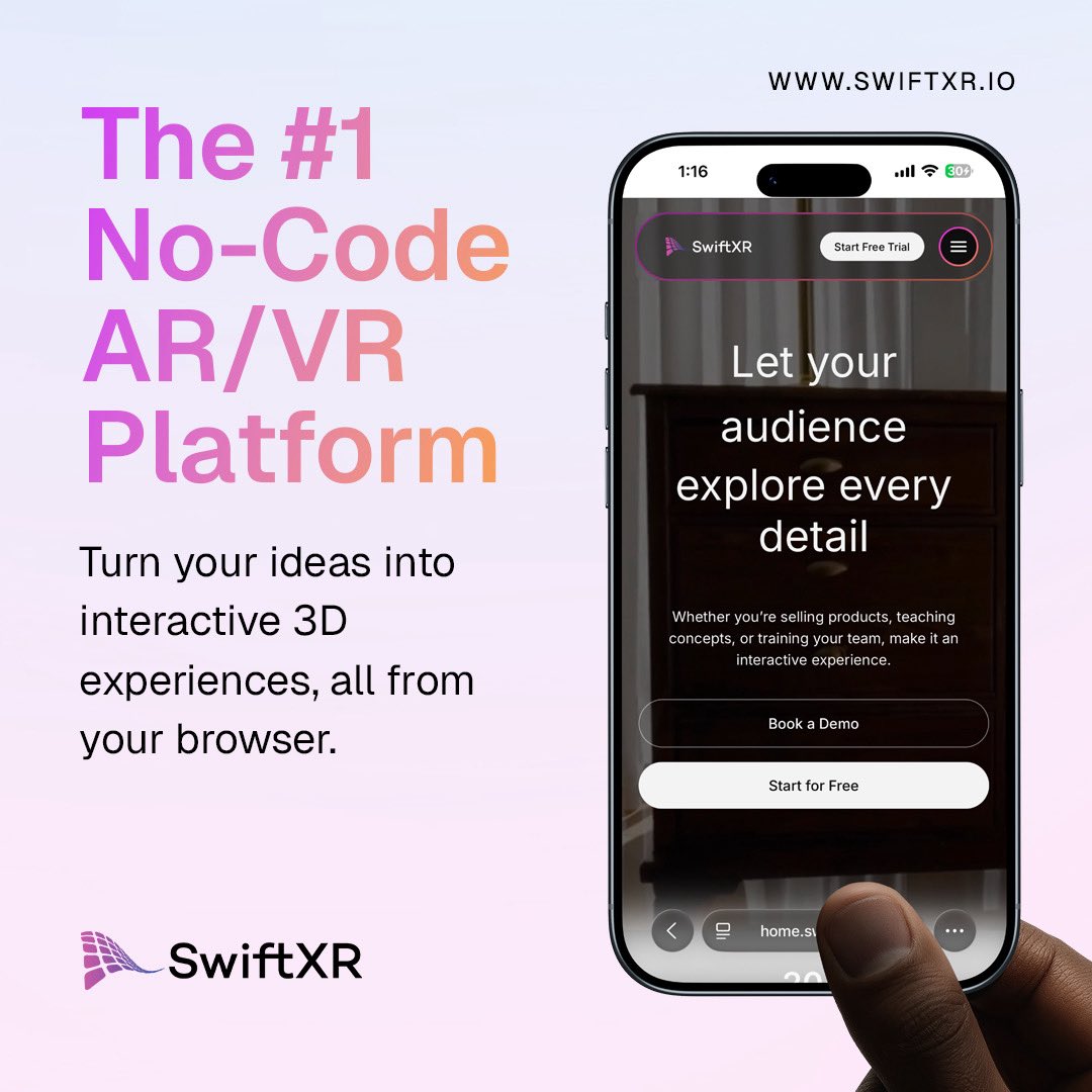 swiftxr_io's tweet image. From idea to interaction, create stunning AR/VR experiences right from your browser.

Transform ideas into immersive 3D experiences,  no coding needed.

Start building today at SwiftXR.io