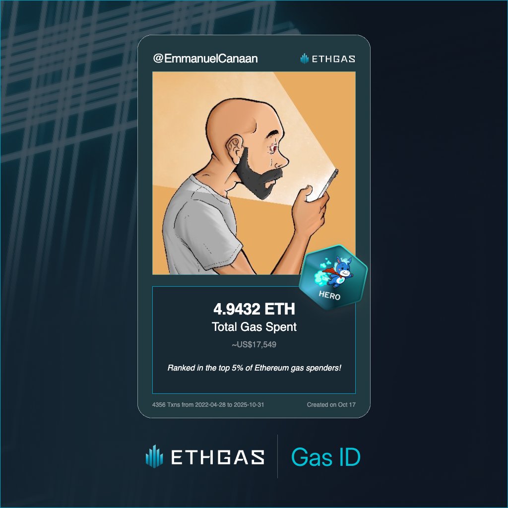 Leveled up in the Great Gas Reckoning with ETHGas! 💪

Hero Jack status: 4.9432 ETH gas spent, 3500 Beans earned—supporting the Gasless Future!

Claim your Gas ID at ethgas.com/community/gas-…