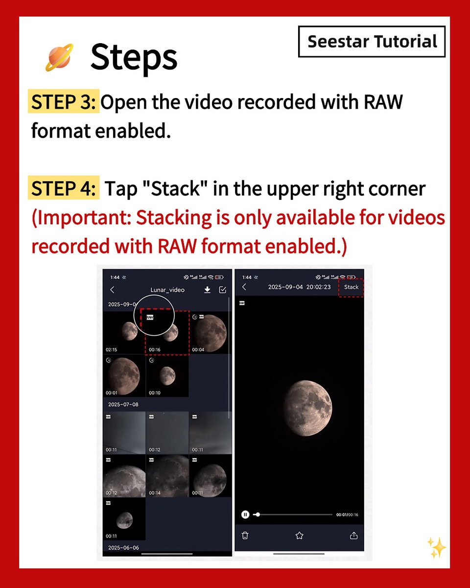 Seestar_astro's tweet image. Tutorial Time! Want sharper, more detailed shots of the Moon, Sun, or planets? 

Try Seestar’s Video Stack — it combines hundreds (or even thousands) of frames to cut noise and reveal incredible fine details

#Seestar #Astrophotography #SeestarTutorial #MoonPhotography #Astronomy