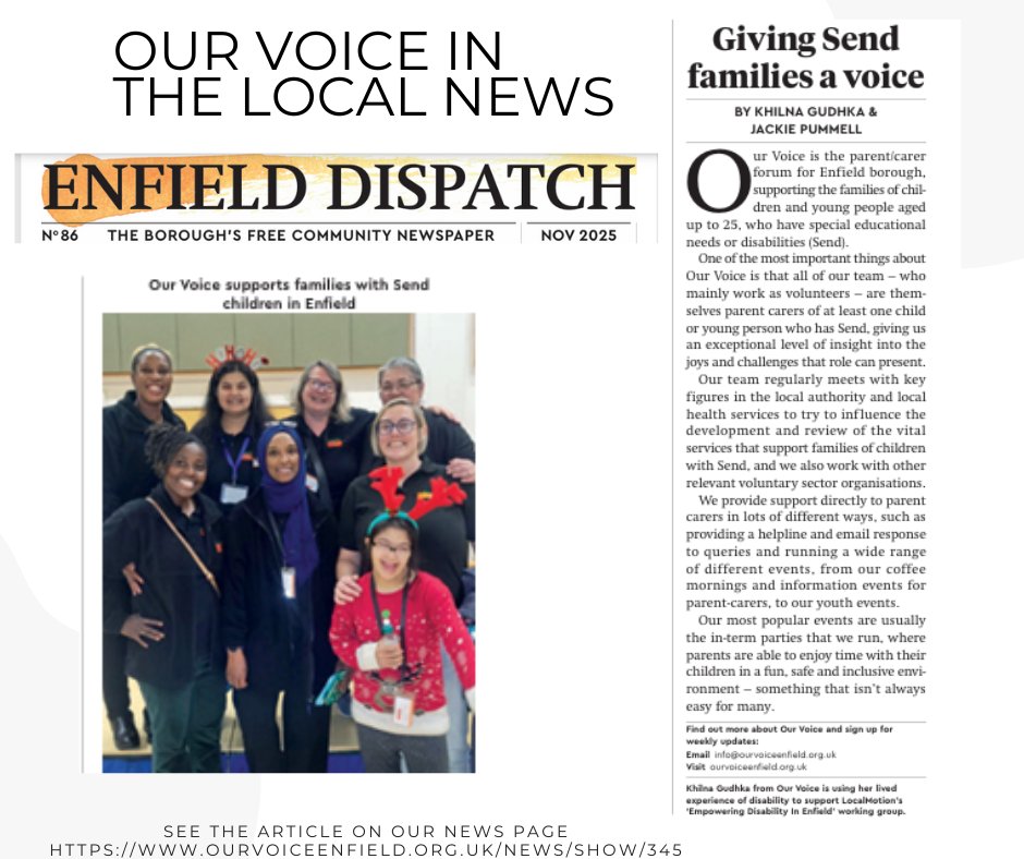 Our Voice was pleased to be featured in the local newsletter, Enfield Dispatch, this month. Read the article on our news page. ourvoiceenfield.org.uk/news/show/345