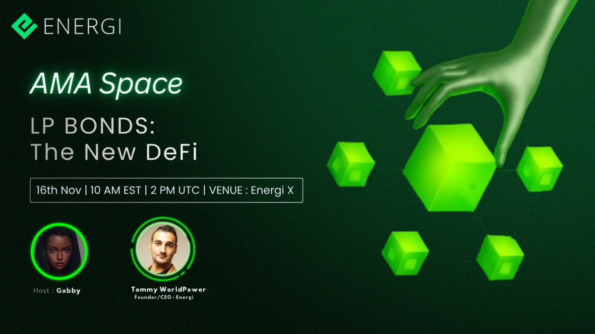 energi's tweet image. 🎙 This Sunday - Energi Space LIVE!
📅 Nov 16 | 10AM EST | 2PM UTC

Last week, @TommyWorldPower dove deep into LP Bond minting &amp;amp; upgrades,
this week, we take it further 👇

🔥 LP Bonds: The New DeFi
Discover how LP Bonds are Supercharging the DeFi Space

Join @gabby_girl007,…