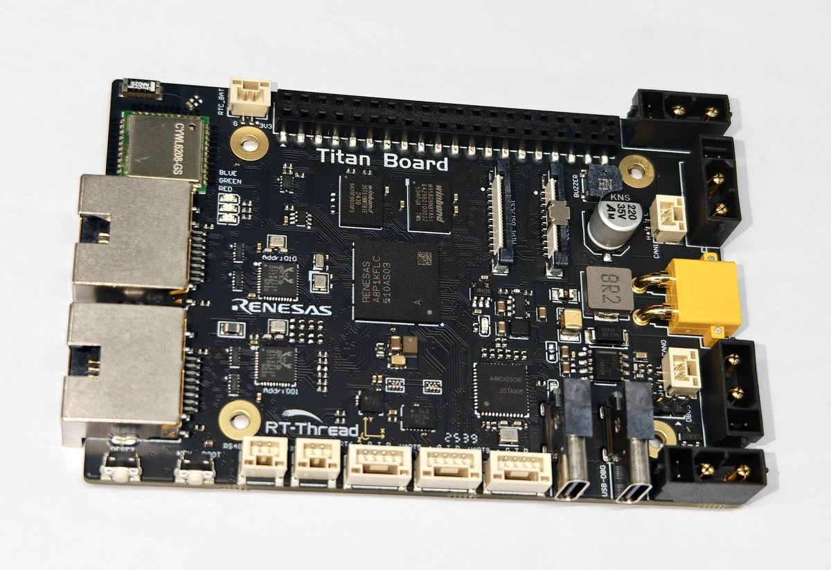 cnxsoft's tweet image. $55 development board based on the 1GHz @RenesasGlobal  RA8P1 Cortex-M85/M33 Edge AI MCU
cnx-software.com/2025/11/12/ra8…

The Titan Board also comes with 32MB HyperRAM, 64MB HyperFlash, display and camera interfaces, two Gigabit Ethernet ports with Time Sensitive Networking support, WiFi…