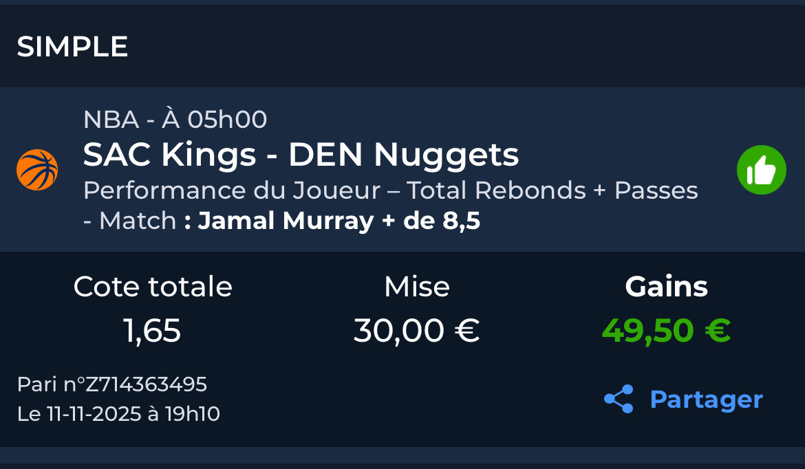 FastBreakTips's tweet image. NBA 

🎯 Bet : 

Jamal Murray over 8,5 rebonds/assists 
@ 1,65💰1.5% ✅

On valide celui ci assez aisément

RT ♻️ / Fav ❤️ si tu suis 
#TeamParieur #FastBreakTips