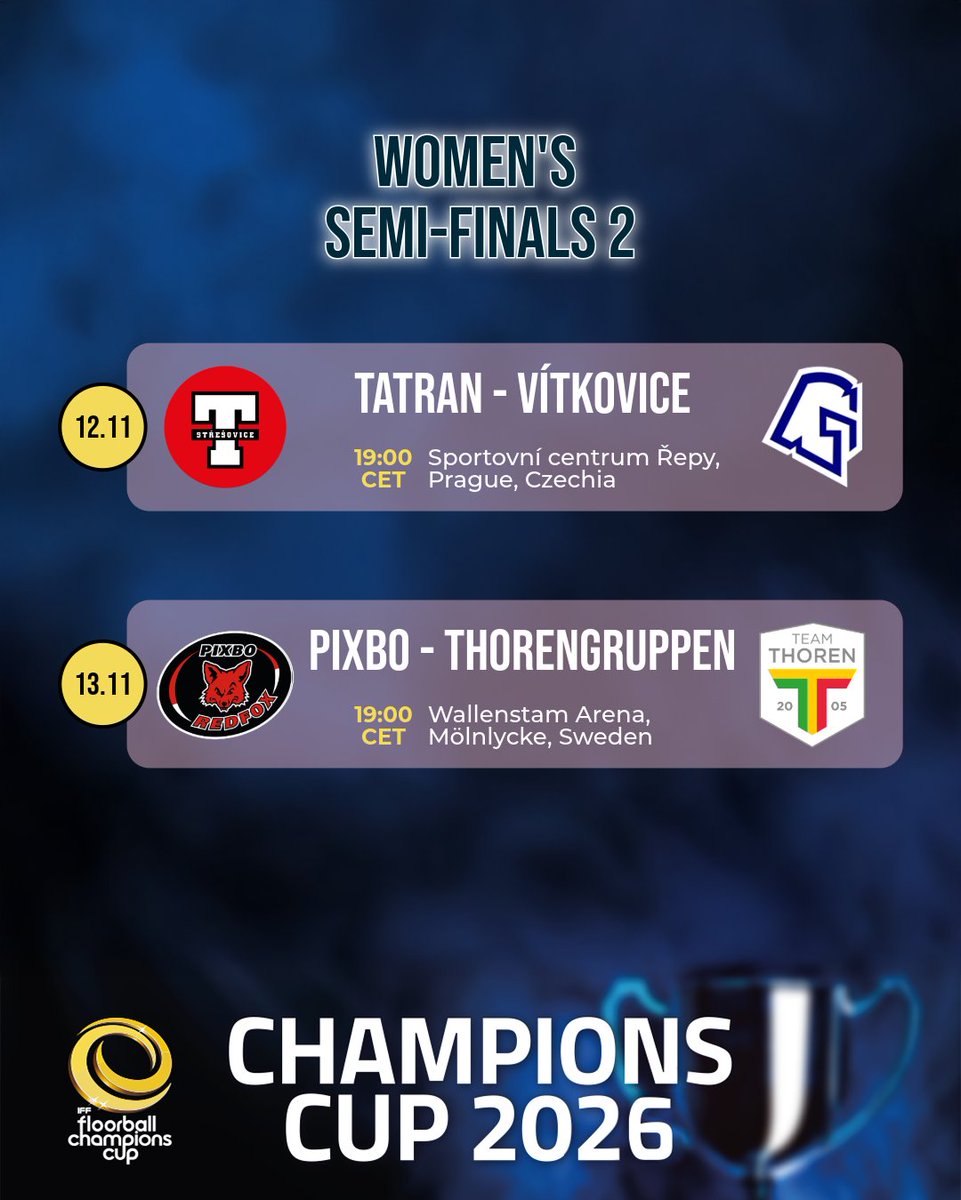 Ready for Game 2 of the Champions Cup Semi-Finals? ✨

Tonight - Tatran v Vitkovice 🇨🇿
Tomorrow - Pixbo v Thorengruppen 🇸🇪

Only two final places! Who will take it?
Find out on the IFF App 📺

#Floorball #iffcc2026 #floorballcc