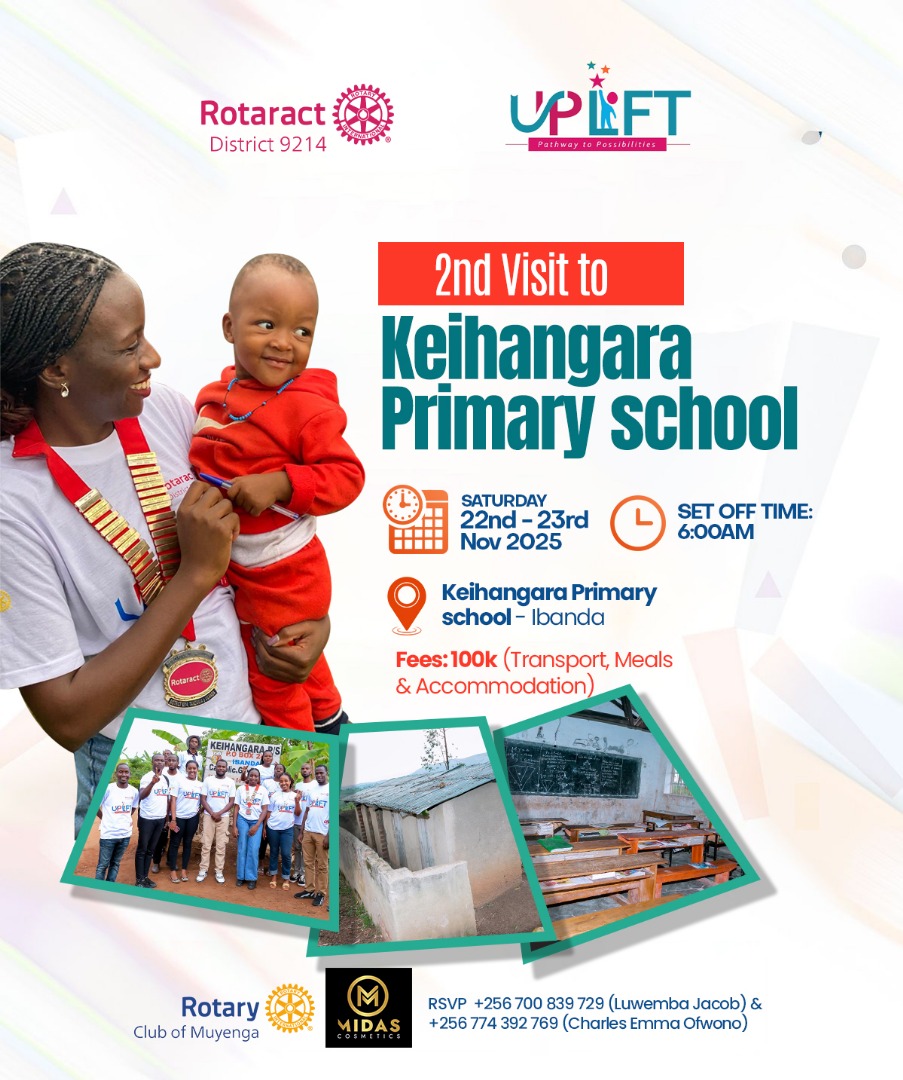 RotaractD9214's tweet image. 📖 The Uplift Project Returns 📖

We’re excited to head back to Keihangara Primary School, Ibanda for our 2nd visit under the Uplift Project.

📅 Saturday, 22nd -23rd November 2025
🕕 Set off: 6:00AM
📍 Keihangara Primary School, Ibanda

#UpliftProject
 #RotaractD9214